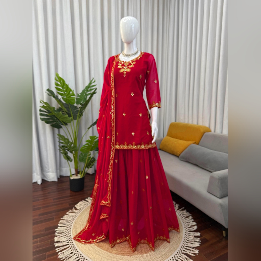 Elegant Red Embroidered Women's Dress